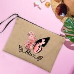 Butterfly Custom Name Women's Pouches Linen Makeup Bag Personalised Travel Clutch Bags Beach Sunglasses Sunscreen Storage Gifts