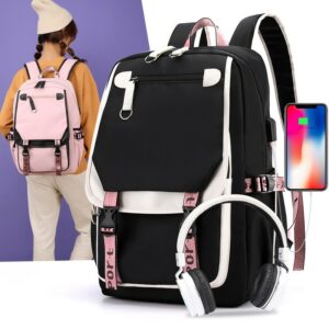 Fengdong large school bags for teenage girls USB port canvas schoolbag student book bag fashion black pink teen school backpack 4
