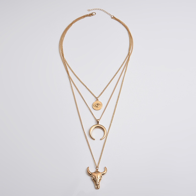 Multilayer Vintage Evil Eye Bull Head Crescent Pendant Necklace for Women Girl Jewelry Gift Boho Half Moon Map Horn Necklace 9