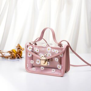 Fashion Women Transparent Daisy Pattern Shoulder Bag Hardware Chain Strap Color Block Messenger Handbag Composite Tote 1