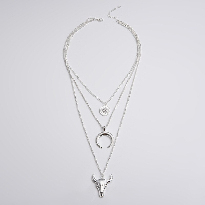 Multilayer Vintage Evil Eye Bull Head Crescent Pendant Necklace for Women Girl Jewelry Gift Boho Half Moon Map Horn Necklace 10