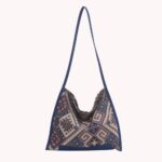 Women Student Tutorial Bag Ethnic Style Canvas Beach Handbags Woven Portable Soft Casual Printed Bohemian Handmade for Travel