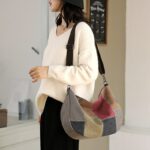 Women's Stitching Color Canvas Bag Ladies Fashion Handheld Tote Simple Retro Handbag Shoulder Crossbody Messenger Travel Bag