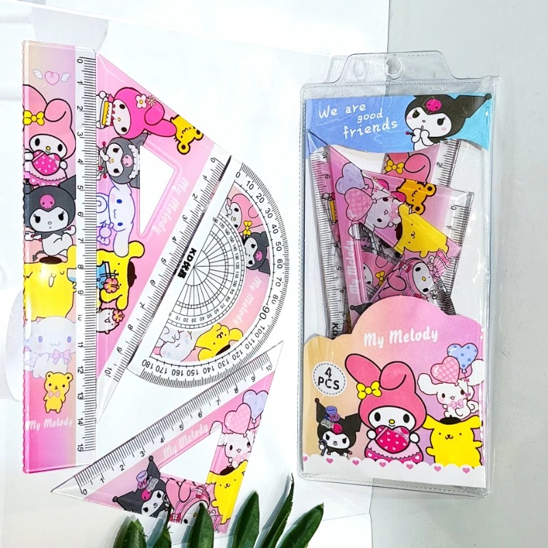 Cartoon Student Ruler 4 Piece Set Kawaii My Melody Kuromi Triangular Plate Protractor Measuring Ruler Stationery Set