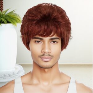 Red Hair Wig for Men Synthetic Short Curly Wig with Bangs Nice Looking Natural Fluffy Hairstyle Wig Men Cosplay Anime Halloween
