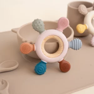 Food Grade Baby Silicone Teether Rudder Shape Wooden Ring Teething Toys BPA Free Infant Chewing Nursing Toy