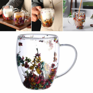 Creative Double Wall Glass Cup Real Flower Conch Flash Filler Glass Cups High Borosilicate Glass Cups with Handle