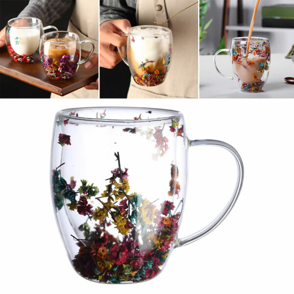 Creative Double Wall Glass Cup Real Flower Conch Flash Filler Glass Cups High Borosilicate Glass Cups with Handle