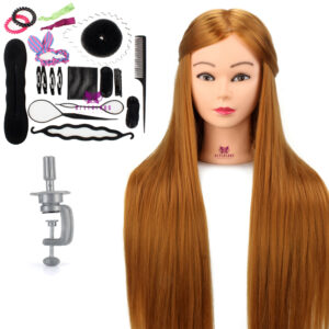 Temperature Fiber Hair Mannequin Head for Hairdressers Long Brown Hairstyles Dummy Heads with Stand Scissors Comb