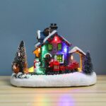Glowing House Christmas Small Train Village House Luminous Landscape Snow Figurines Resin Desktop Ornament