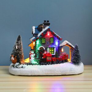 Glowing House Christmas Small Train Village House Luminous Landscape Snow Figurines Resin Desktop Ornament