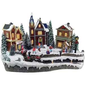 Large Christmas Village Houses with Skating Rink, Animated Pre-lit Musical Snow Moving Skaters Perfect Garniture