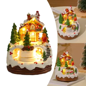 Christmas Music Box Snow Scene Ornament 6.3inch Illuminated Music Resin House Ornament Gift for Kids