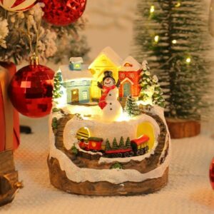 Musical Lighted Christmas Village House Rotatable Train Snowman Sculpture Musical Box for Party Office