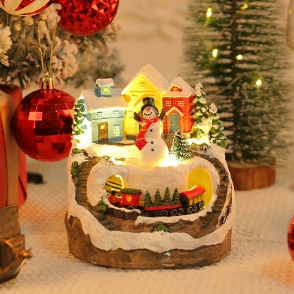 Musical Lighted Christmas Village House Rotatable Train Snowman Sculpture Musical Box for Party Office