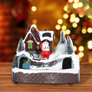 Christmas Scene Village House Figurine Colorful LED Lighted Musical Fountain Home Decoration
