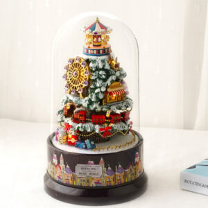Dollhouse Christmas Tree Rotate Music Box Rotating Sculpture Wooden House Decorations Wooden House