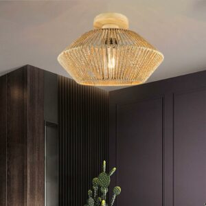 Rattan Wicker LED Ceiling Light Shade Light Fixture Vintage Chandelier Lampshade for Farmhouse Porch Restaurant Kitchen