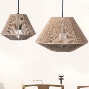 Rattan Lamp Geometric Shade Light Cover Chandelier Hanging Wicker Woven Fixture Rustic Decorative Weave Basket