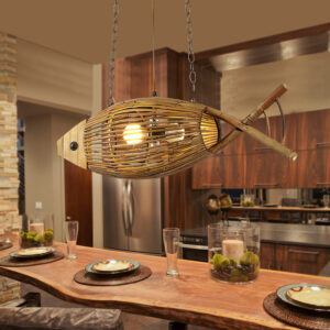 Wood Fish Pendant Lights Hand Woven Rattan Hanging Lamps Restaurant Bedroom Bar Light Fixture Home Teahouse Decor Lamp