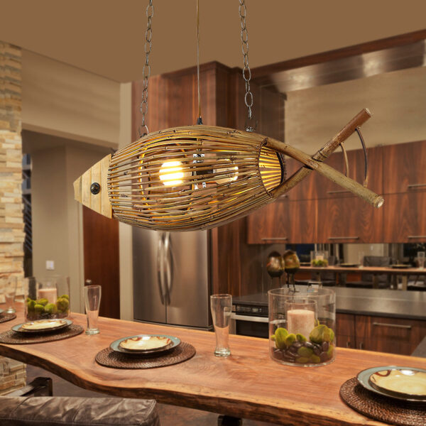 Wood Fish Pendant Lights Hand Woven Rattan Hanging Lamps Restaurant Bedroom Bar Light Fixture Home Teahouse Decor Lamp