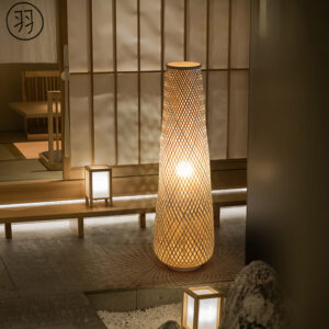 Japanese Cylinder Floor Lamp Wooden Floor light Wicker Standing Tea Bedroom Bedside Living Woven Retro Bamboo Floor Lamp
