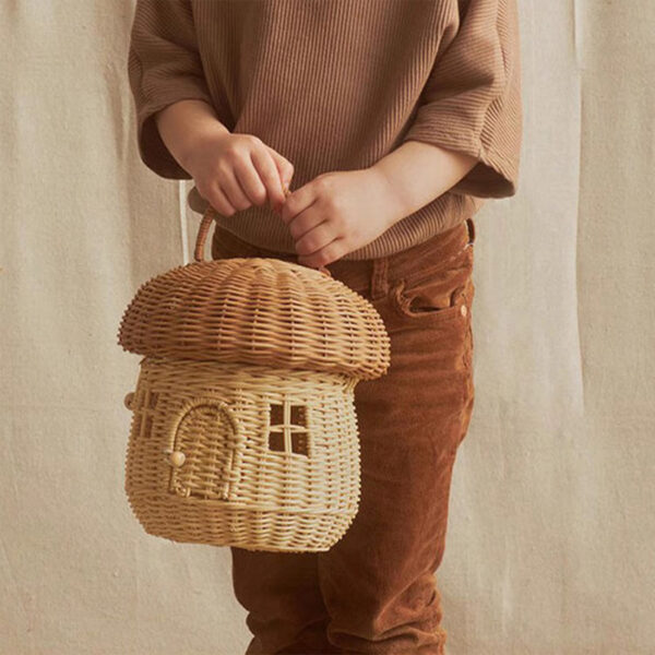 Rattan Woven Mushroom Basket Bohemian Portable Straw Storage Boxes Outdoor Vacation Picnic Baskets Kids Toy