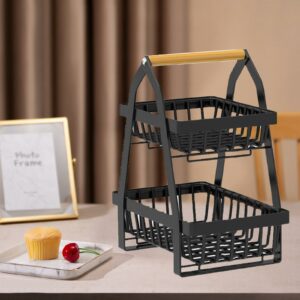 Bread Vegetable Farmhouse Fruit Basket Bowl Stand with Wooden Handle Detachable Metal Wire Basket for Countertop Dining Room