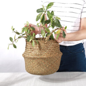 Handmade Bamboo Storage Baskets Foldable Laundry Straw Patchwork Wicker Rattan Seagrass Belly Garden Flower Pot Planter Basket