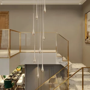 Gold Long Chandelier Minimalist Floodlight LED Duplex Villa Lighting Living Room Dining Room Light Rotary Staircase Chandelier