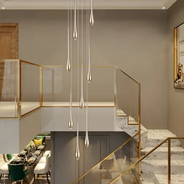 Gold Long Chandelier Minimalist Floodlight LED Duplex Villa Lighting Living Room Dining Room Light Rotary Staircase Chandelier