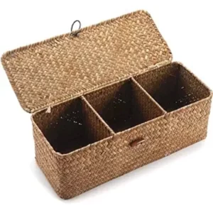 Rattan Woven Storage Bin with Lid Sundries Storage Basket Organizer with Grid