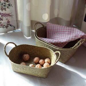 Handmade DIY Straw Flower Pot Basket Fruit Sundries Organizer Foldable Laundry Straw Patchwork Wicker Rattan Seagrass Basket