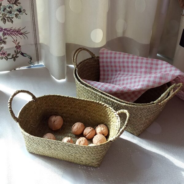 Handmade DIY Straw Flower Pot Basket Fruit Sundries Organizer Foldable Laundry Straw Patchwork Wicker Rattan Seagrass Basket