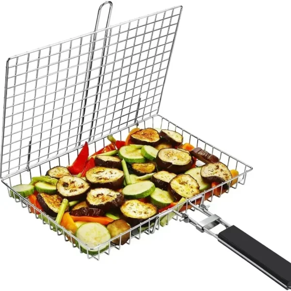 Portable Grill Basket Folding Stainless Steel BBQ Grill Basket with Handle for Fish Vegetables Shrimp Cooking Cookware Tools