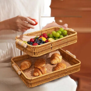 Fruit Dessert Serving Basket Imitation Rattan Braided Rectangular Tray With Handles Tea Pot And Snacks Plate Home Storage