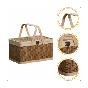 Bamboo Basket Natural -Friendly Woven Basket Bamboo Picnic Basket with Lid Handheld Snacks Bread Storage Basket
