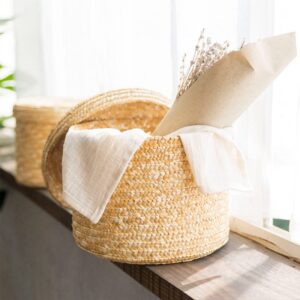 Handmade Straw Woven Storage Basket With Lid Snack Organizer Storage Box Laundry Baskets Rattan Storage Flower Basket