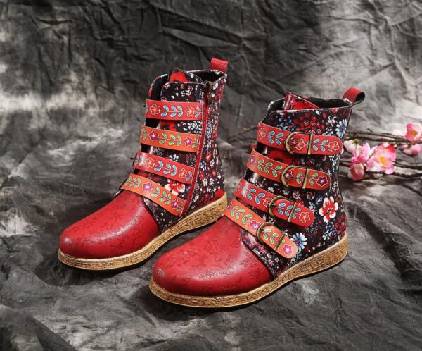 New Socofy Women Boots Retro Printed Metal Buckle Soft Leather Zipper Ankle Boots Ladies Shoes Women Botines