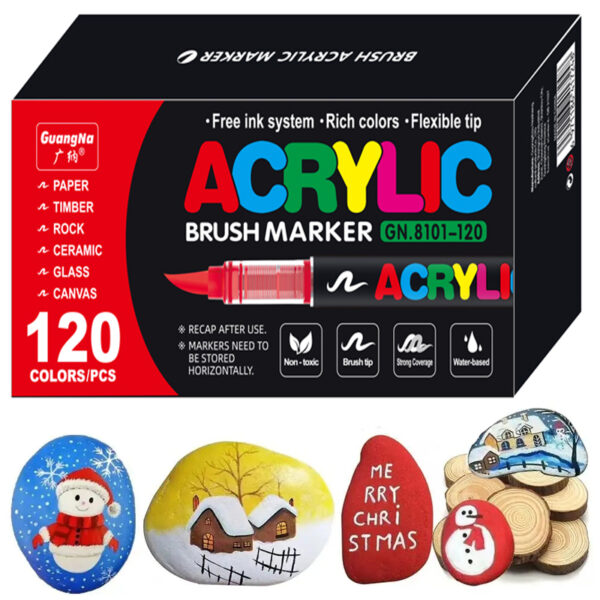 12Colors Brush Tip Acrylic Paint Pens for Rock Painting Stone Ceramic Glass Wood Mugs Metal Fabric Canva White Markers