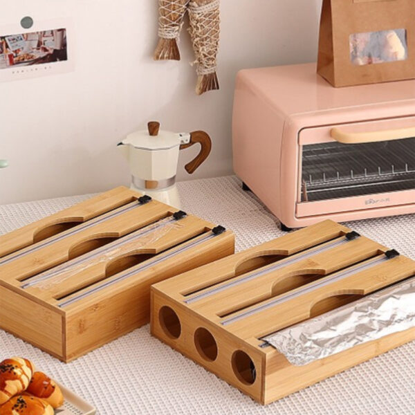Kitchen Wrap Dispenser With Foil & Cling Film Cutter Box, Bamboo Fresh Bag Cutting Holder