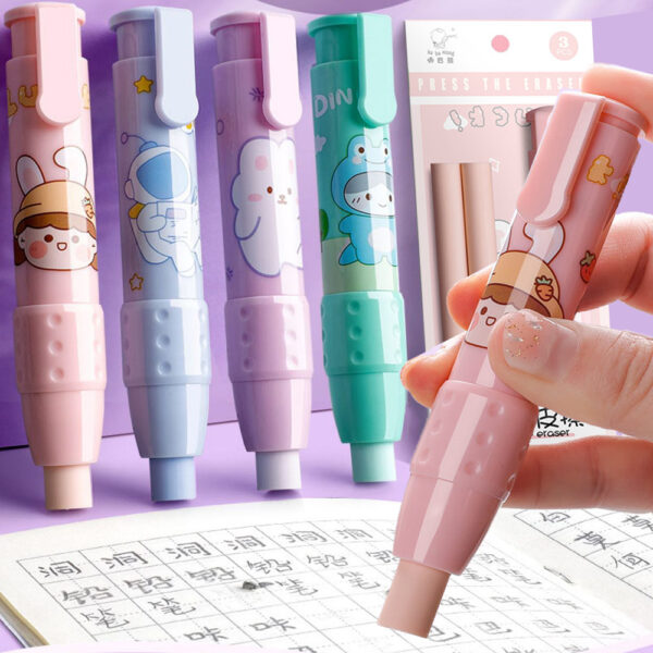 Pressing Cartoon Pencil Eraser Pen Type Cute Eraser Replaceable Rubber Core School Student Rubber Eraser Kid Gifts
