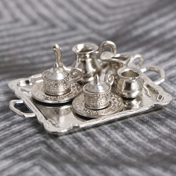 Dollhouse Miniature Silver Metal Tea Coffee Tray Tableware Set