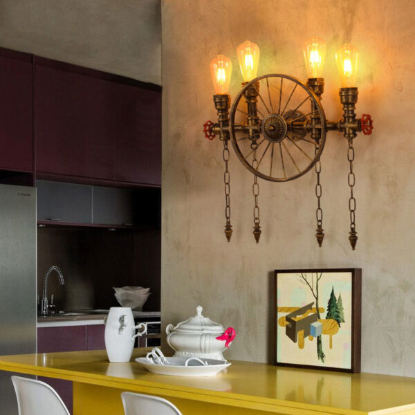 Water Pipe Wall Lamp American Industrial Living Room Balcony Restaurant Bar Lamp Iron Wheel Wall Light Sconce