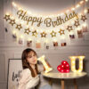 Happy Birthday Rose Gold Bunting Banner with 3m LED Light Party Decorations For Girl Baby Shower Birthday Party Decor Supplies