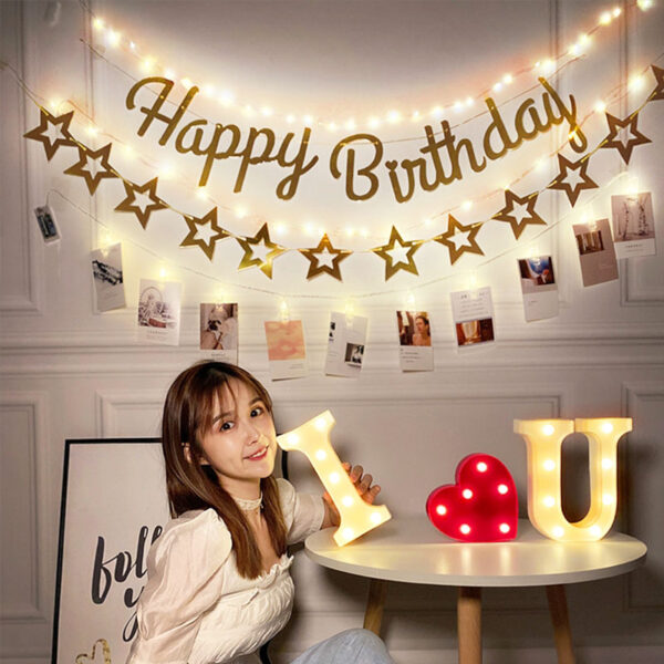 Happy Birthday Rose Gold Bunting Banner with 3m LED Light Party Decorations For Girl Baby Shower Birthday Party Decor Supplies