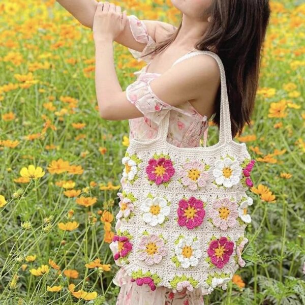 Handmade DIY Spring Flower Ins Style Three Dimensional Flower Grandmother Checker Bag with One Shoulder Rural