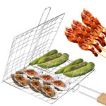 Barbecue Grilling Basket Stainless Steel Folding BBQ Rack Portable Grill Mesh with Wooden Handle Outdoor Camping Picnic Cookware