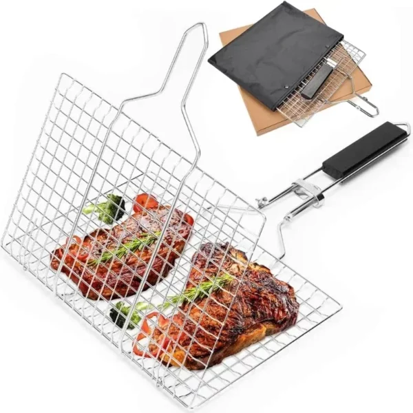 Portable Grill Basket Folding Stainless Steel BBQ Grill Basket with Handle for Fish Vegetables Shrimp Cooking Cookware Tools
