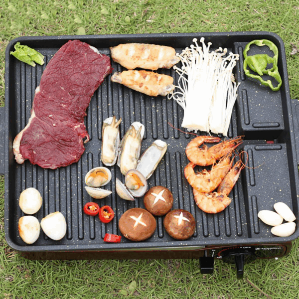 Portable Korean BBQ Grill Pan Non-Stick Grill Plate Butane Gas Stove Cooker Party Picnic Terrace Beach Barbecue Tray